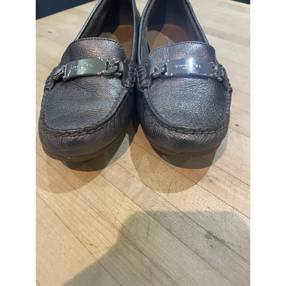 Coach “Olive” Leather Driving Loafers 7.5 Pewter Pebbled Leather Slip On Flats